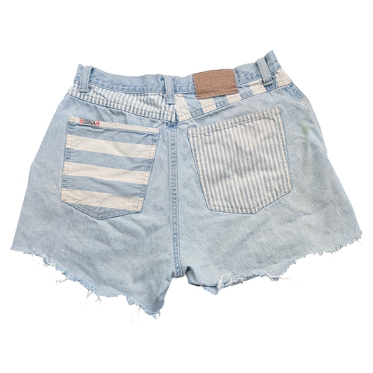 80s/90s Women's Zena Stone Washed Blue and White patchwork Denim Shorts