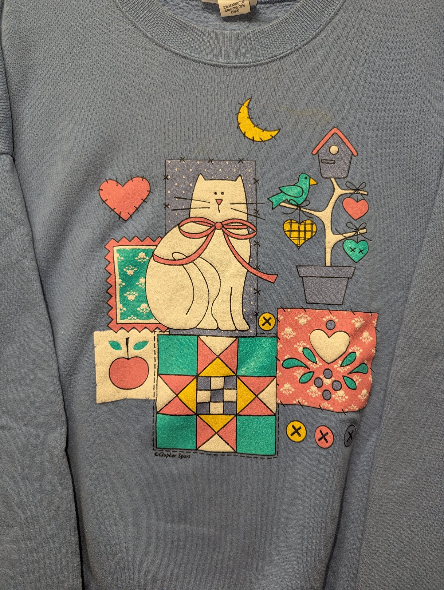 90s Cute Cat Patch Puff Print Granny Crewneck Sweatshirt