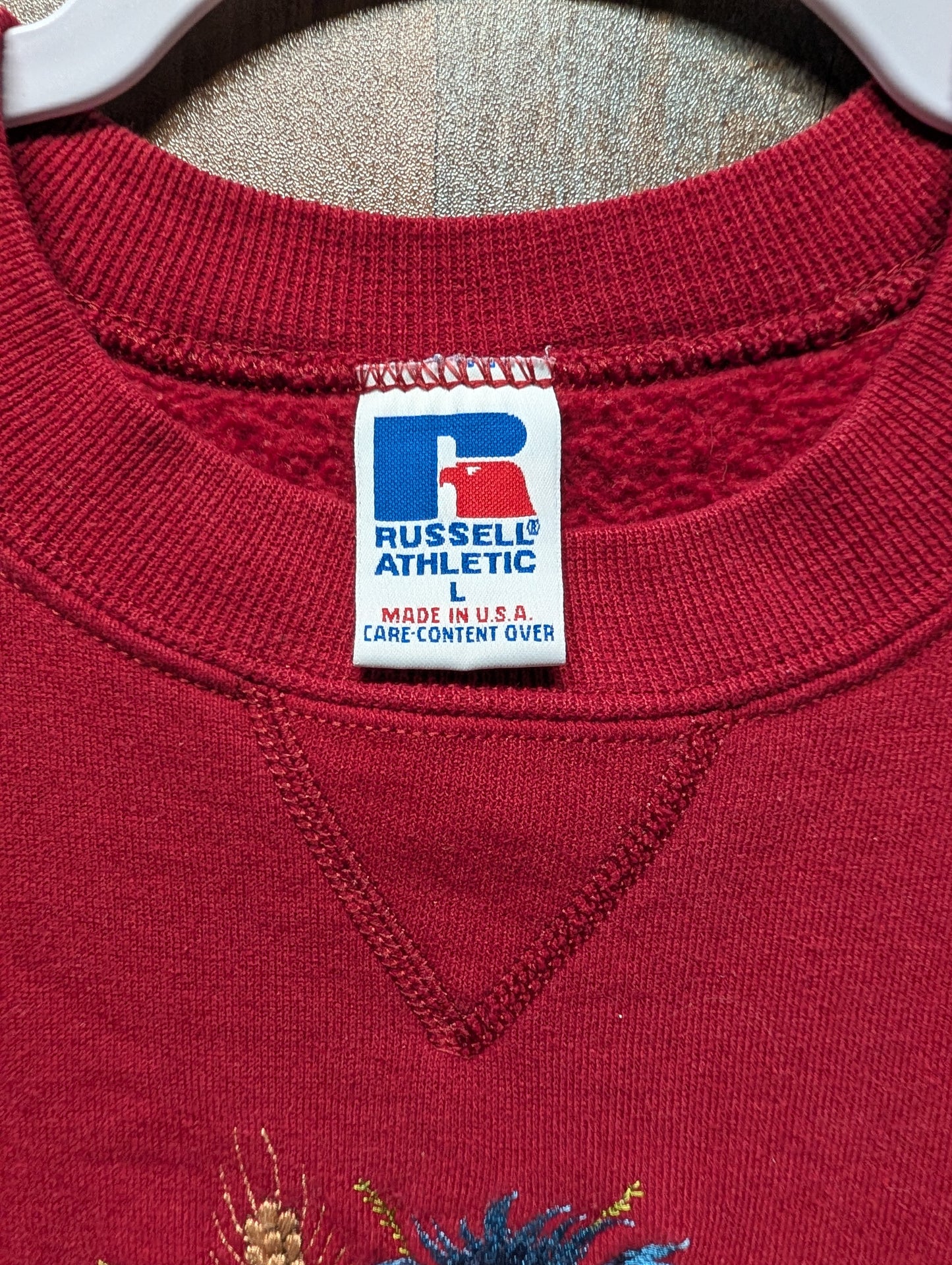 90s Red Flower Embroidered Fall Granny Crewneck Sweatshirt