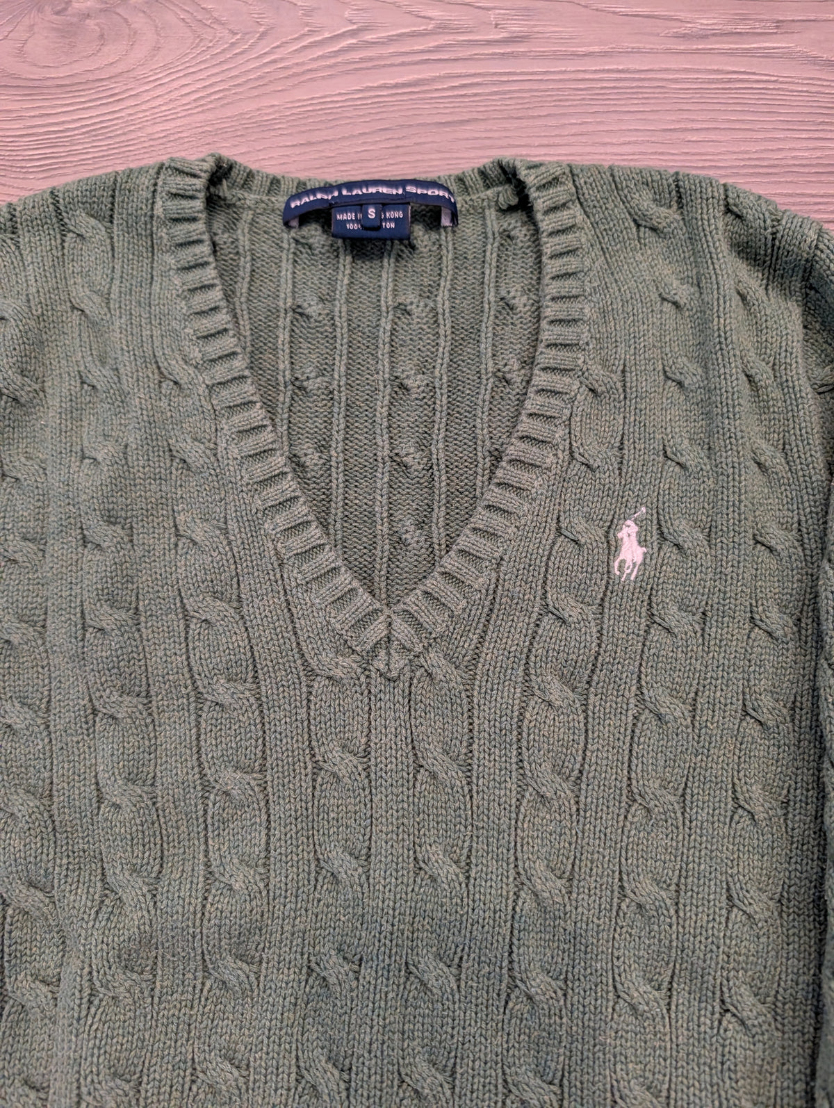 90s Women's Ralph Lauren Cable Knit V Neck Sweater