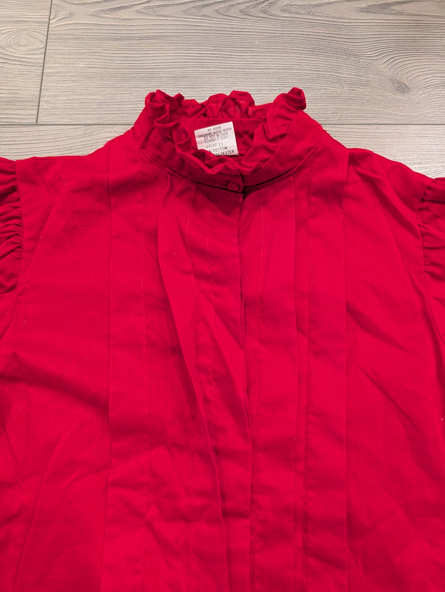 80s Youth Bright Red Ruffled Mock Neck Button- Up Shirt