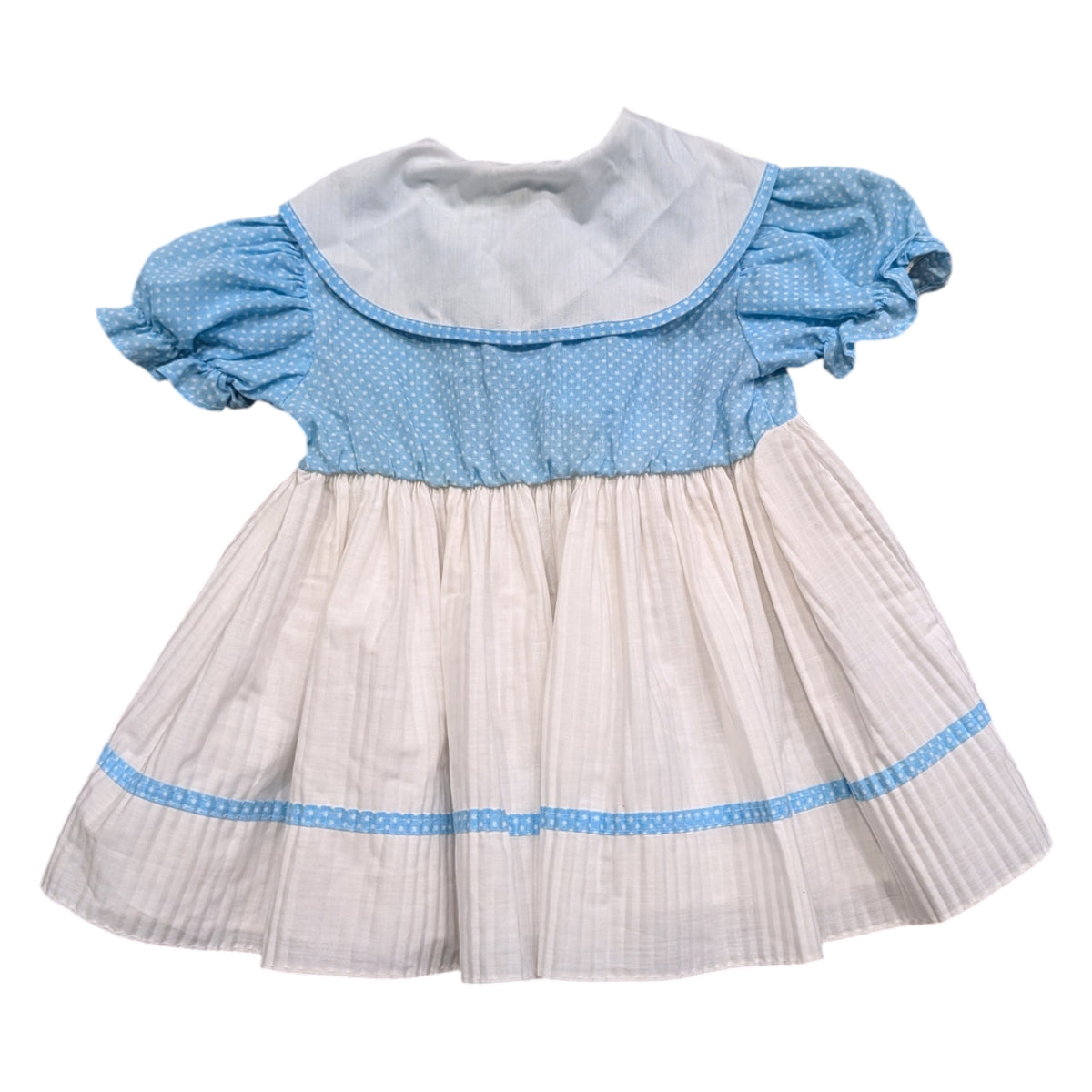 80s Youth Sailor Collar Blue and White Polka Dotted Pleated Dress