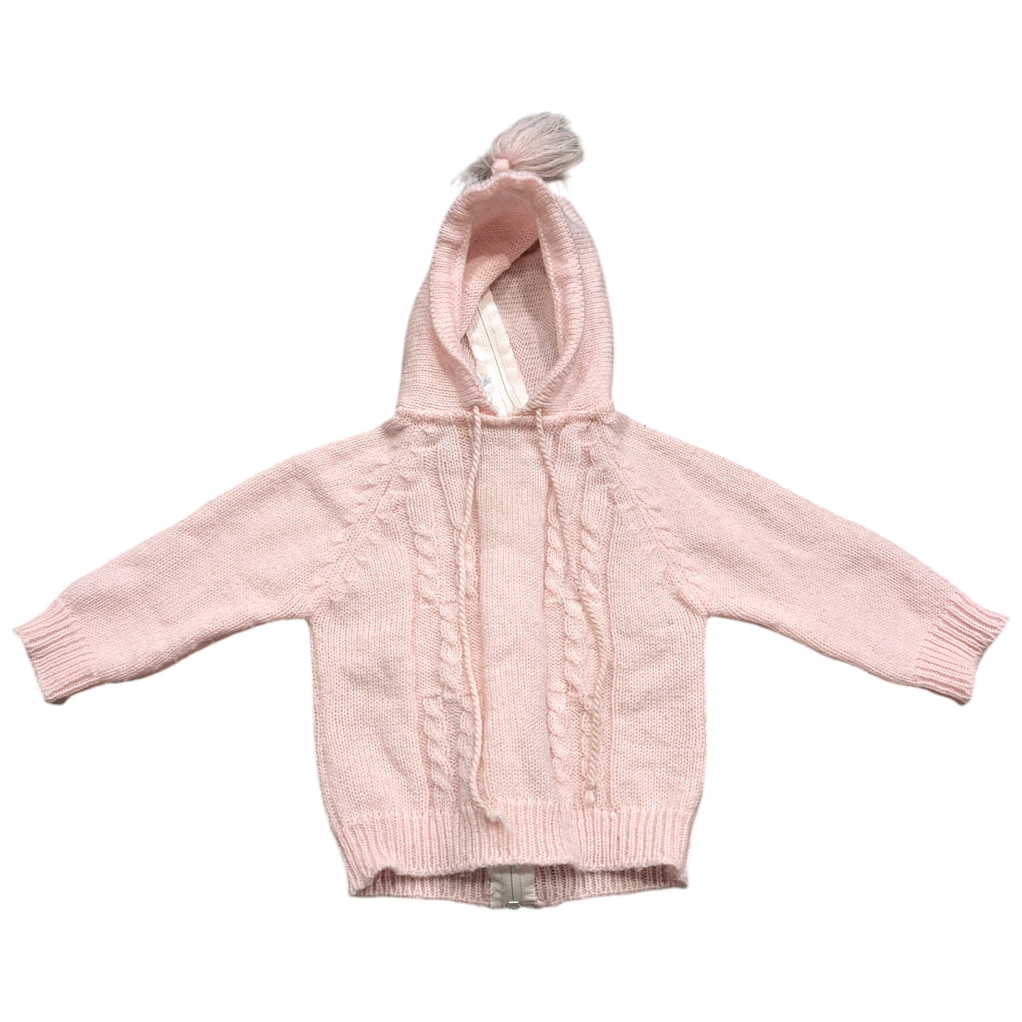 70's Youth Pink Knit Hooded Sweater with Pom Pom