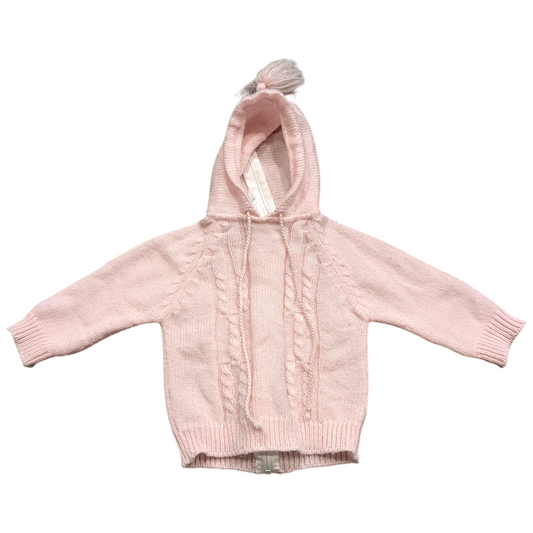 70's Youth Pink Knit Hooded Sweater with Pom Pom