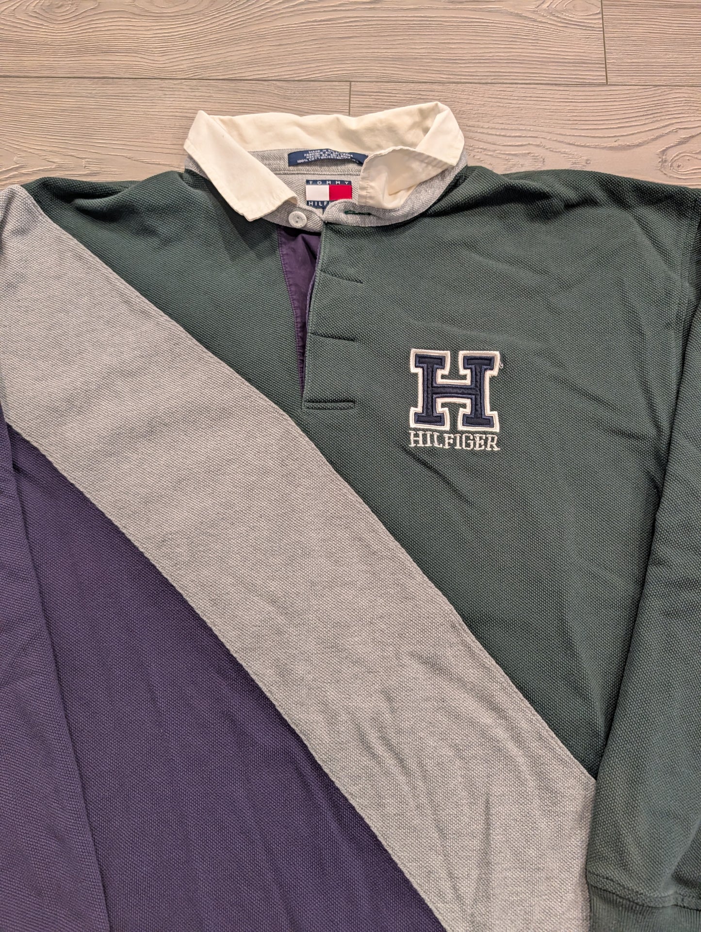 90s Tommy Hilfiger Textured Block Colored Long Sleeve Polo Shirt