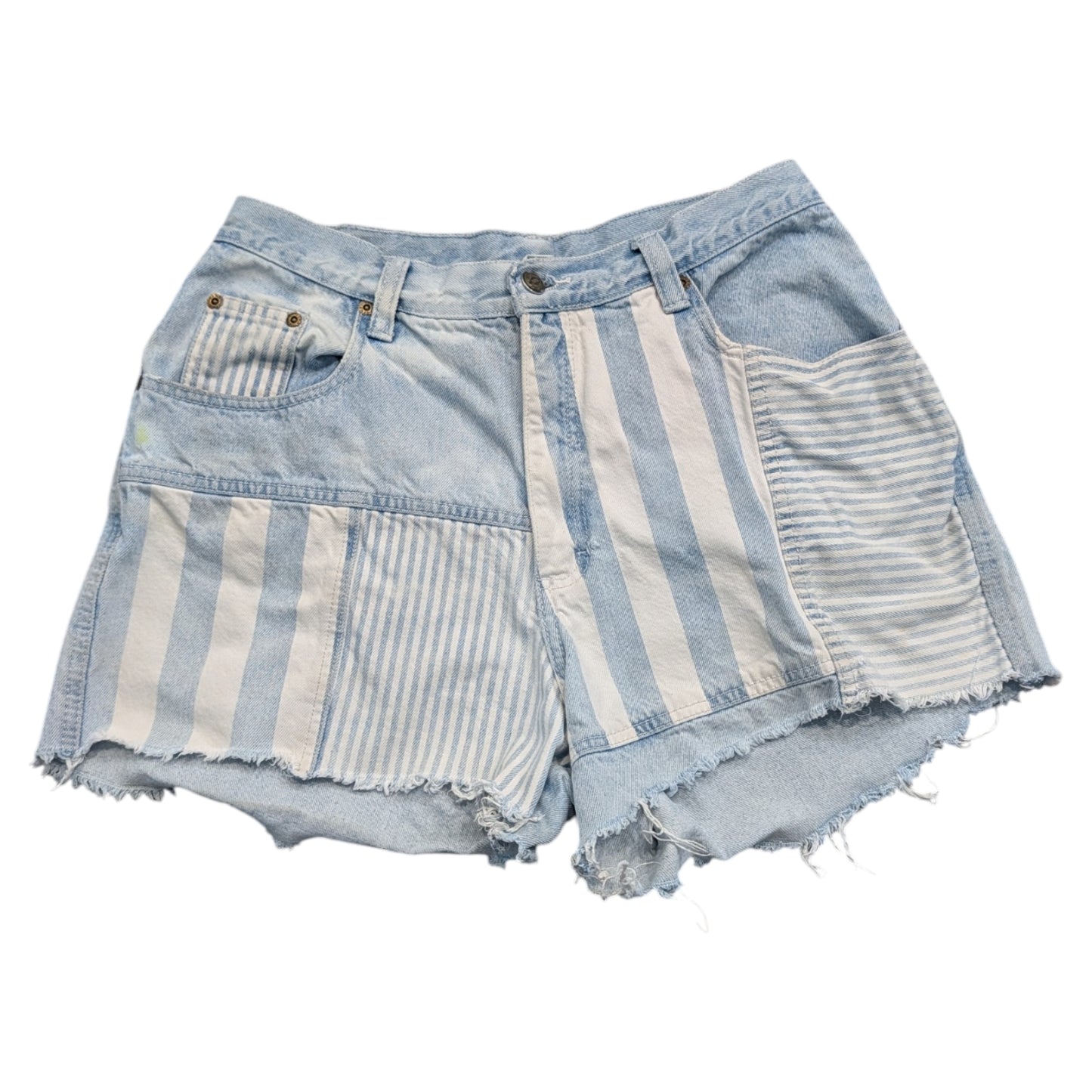 80s/90s Women's Zena Stone Washed Blue and White patchwork Denim Shorts