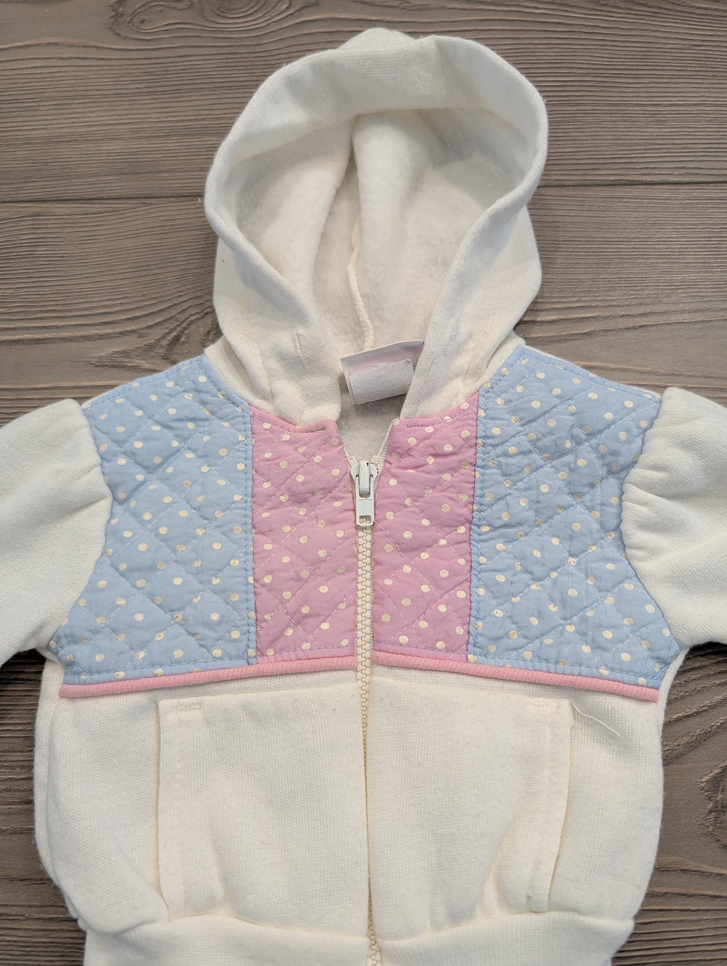 1980's youth pink and blue polka dot zip up hooded sweatshirt