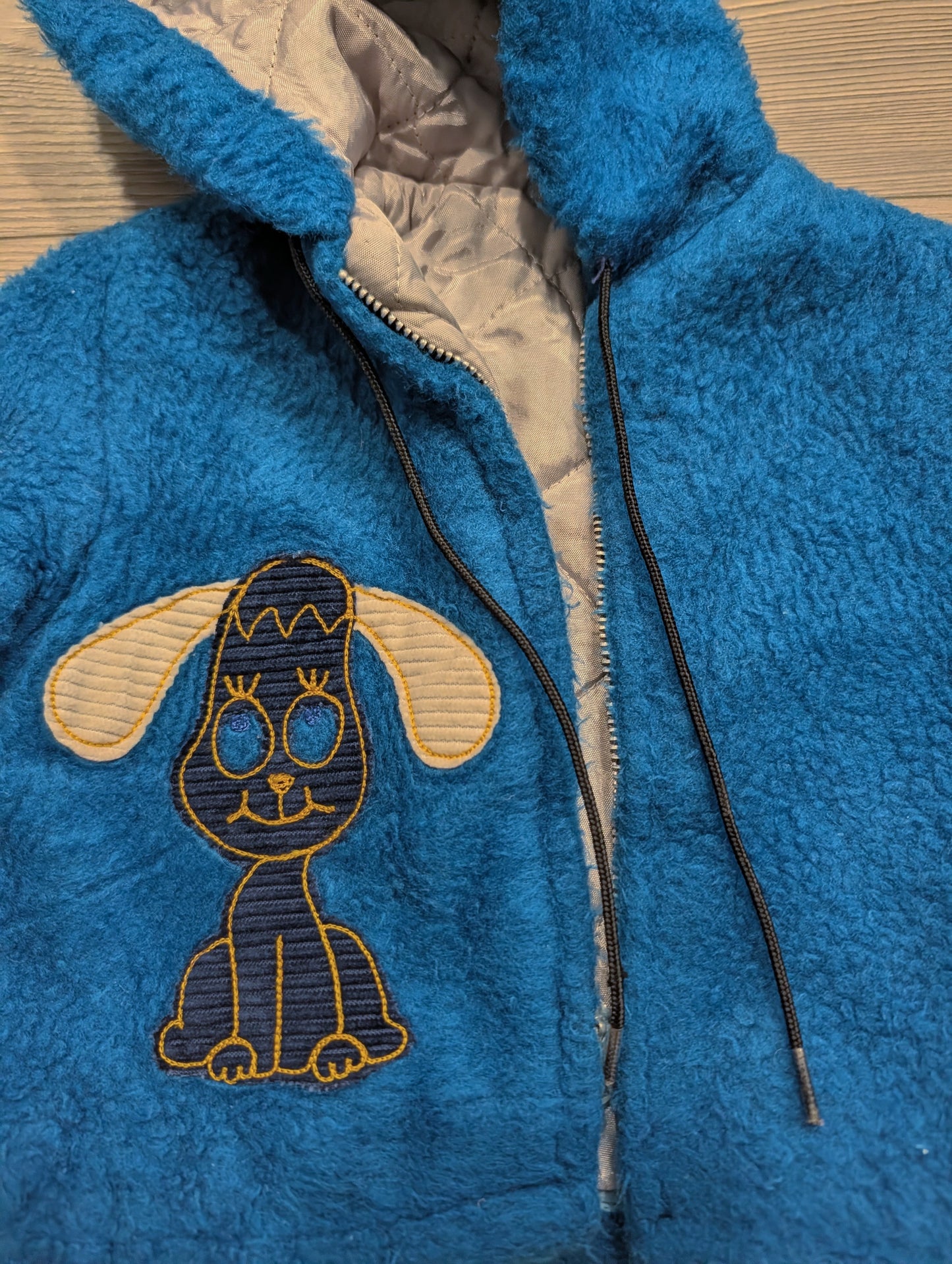 70s/80s Youth Blue Fuzzy Hooded Jacket with Embroidered Puppy