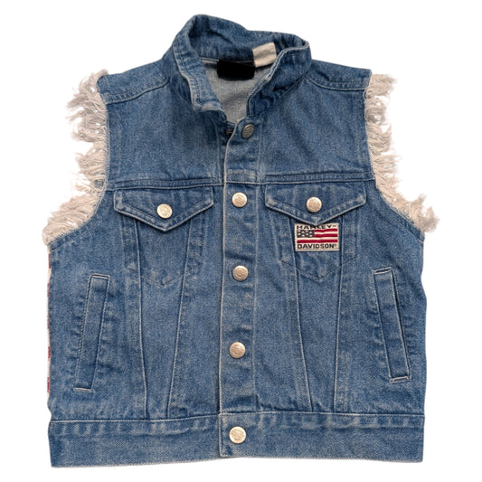 Y2K Youth Harley Davidson Patriotic Cut-Off Denim Vest