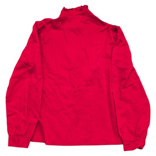 80s Youth Bright Red Ruffled Mock Neck Button- Up Shirt