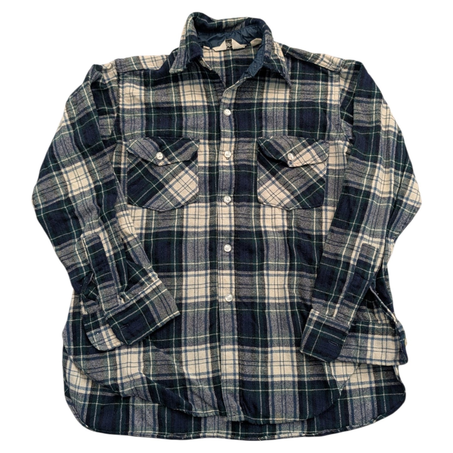 70s/80s Woolrich Blue Green White Plaid Button Down Flannel Shirt