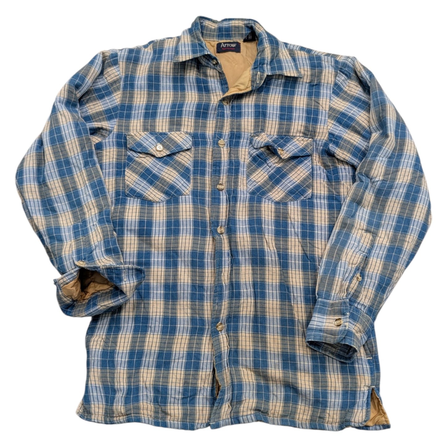 70s/80s Blue and White Plaid-lined Long-Sleeve Flannel Shirt