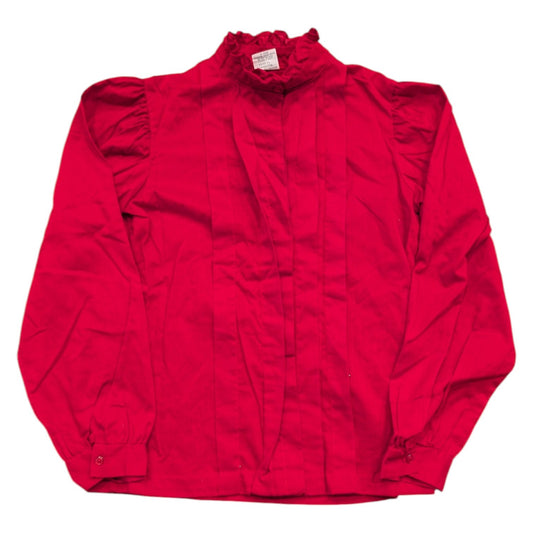 80s Youth Bright Red Ruffled Mock Neck Button- Up Shirt