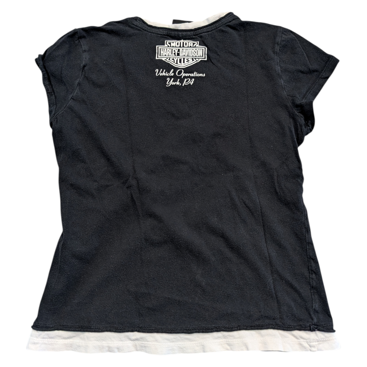 Y2K Women's Black and White Factory Tour Harley Davidson T shirt