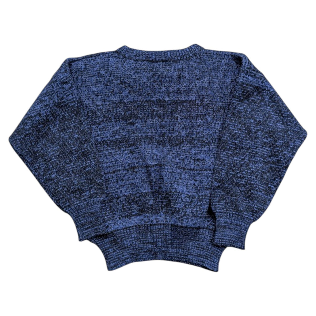 80s/90s Youth Black Geometric Cross Design on Marbled Blue Black Sweater