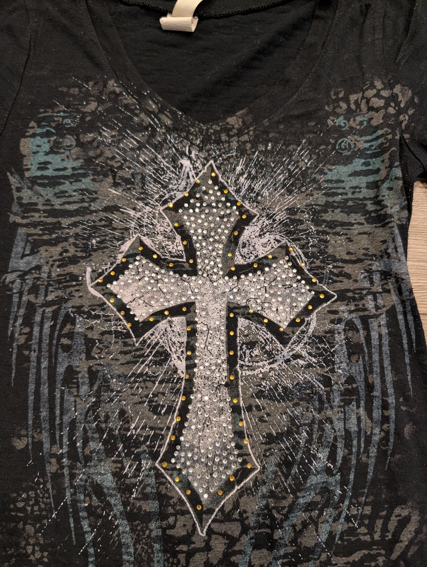 Y2K Women's Gothic Rhinestoned Cross Graphic V-neck Shirt