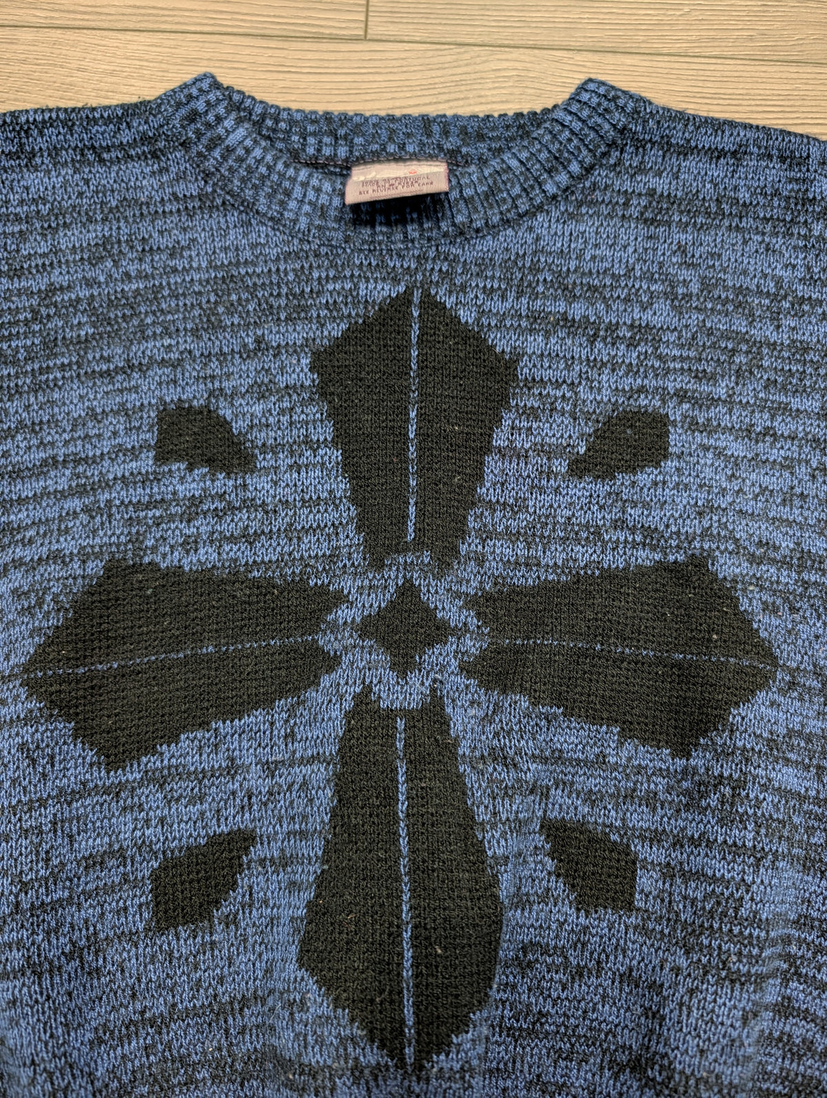 80s/90s Youth Black Geometric Cross Design on Marbled Blue Black Sweater