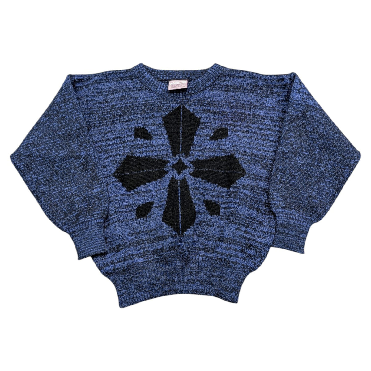 80s/90s Youth Black Geometric Cross Design on Marbled Blue Black Sweater