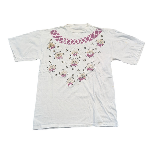90's Women's Granny Style Glittery Flower Art T shirt