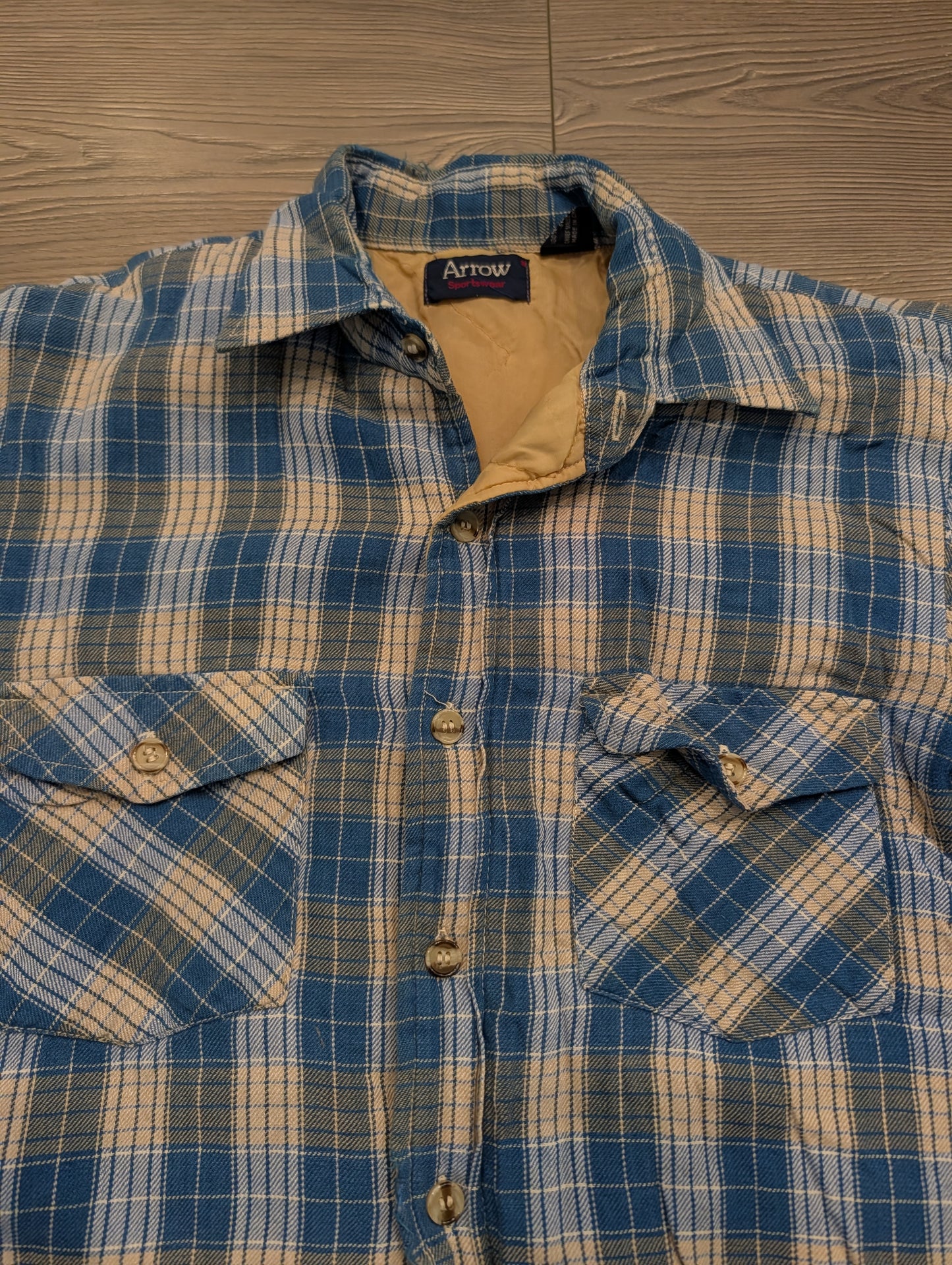 70s/80s Blue and White Plaid-lined Long-Sleeve Flannel Shirt
