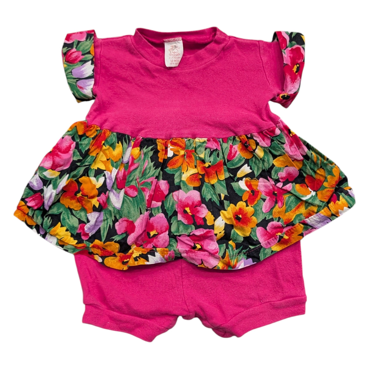 80s /90s Youth Baby Hot Pink Floral Trim Bubble Romper