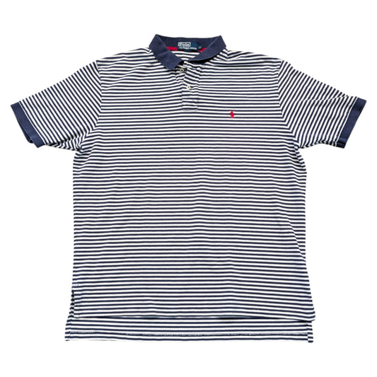 90s/Y2K Ralph Lauren Blue and White Striped Nautical Polo Shirt