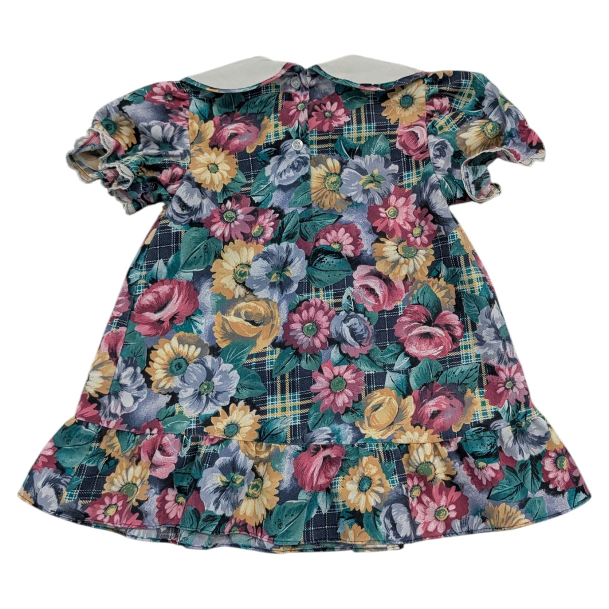 90s Youth AOP Flower and Plaid Dress with Large White Peter Pan Collar