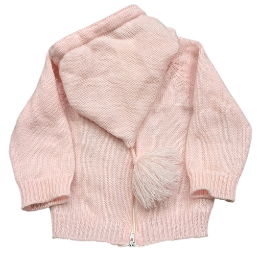 70's Youth Pink Knit Hooded Sweater with Pom Pom