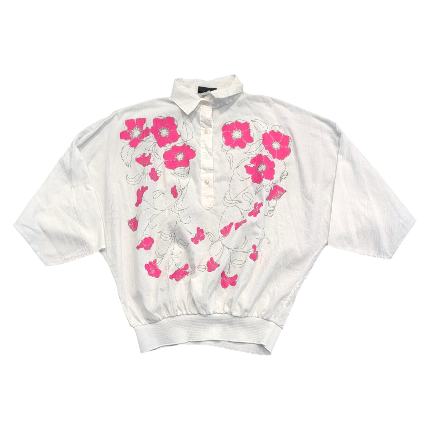 80s Women's Bright Pink Flower Sparkly Pullover Shirt