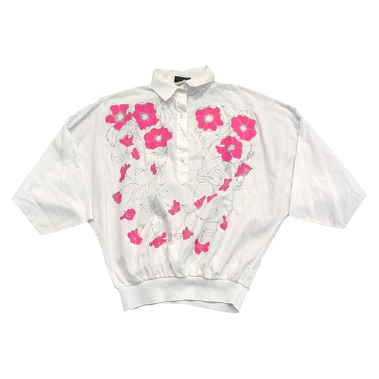 80s Women's Bright Pink Flower Sparkly Pullover Shirt