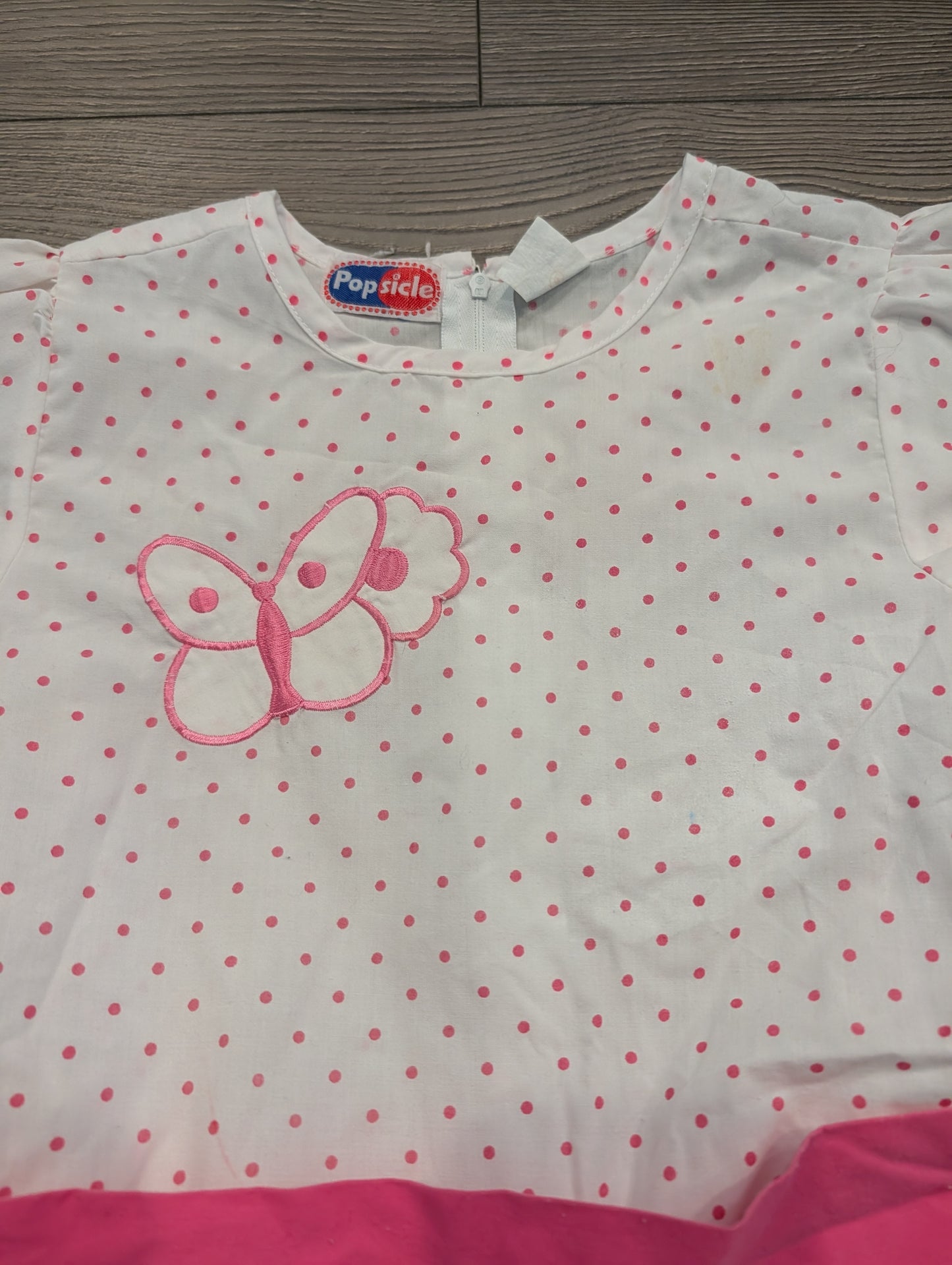 '80s Youth White and Pink Flower and Polka Dot Dress with Sash Tie Belt