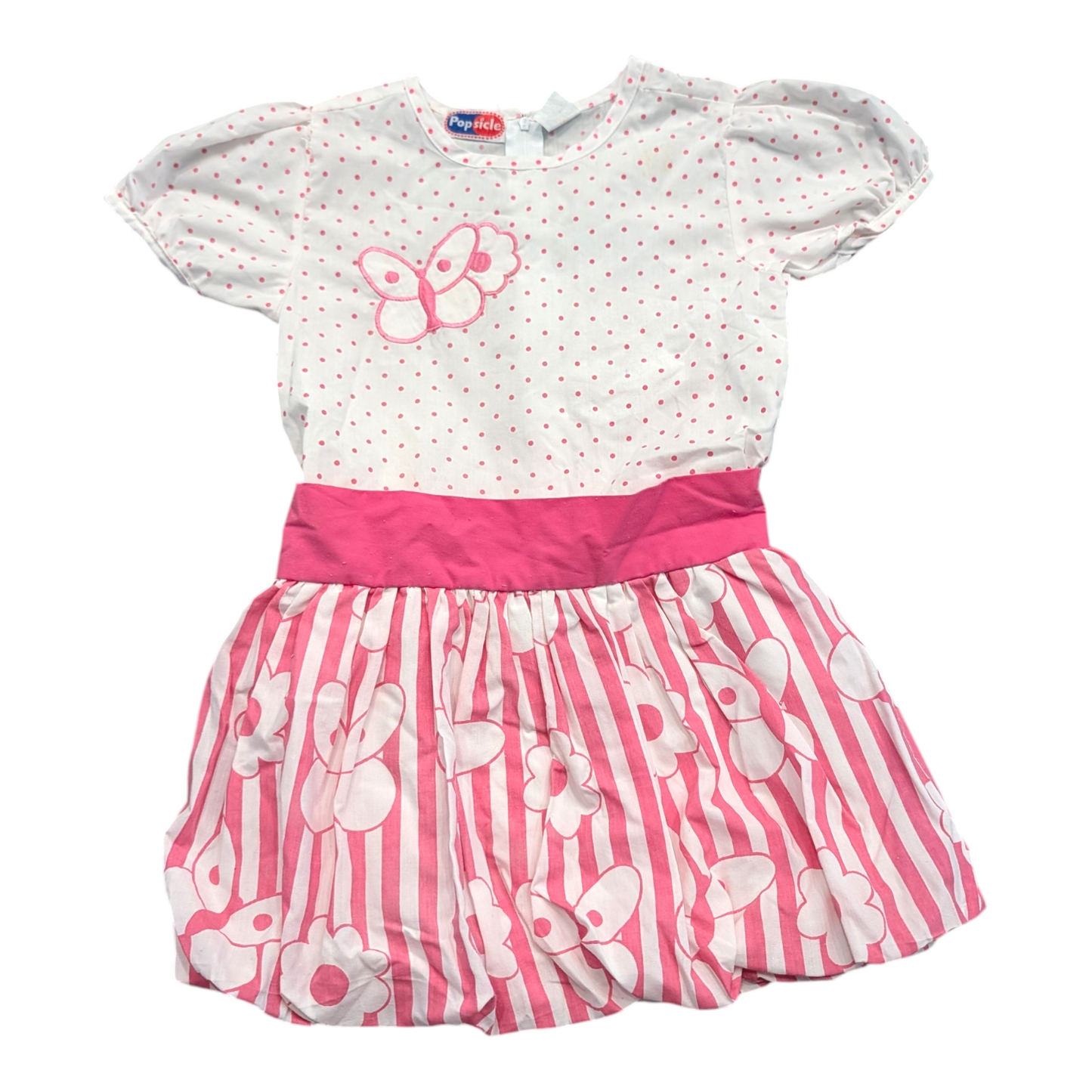 '80s Youth White and Pink Flower and Polka Dot Dress with Sash Tie Belt