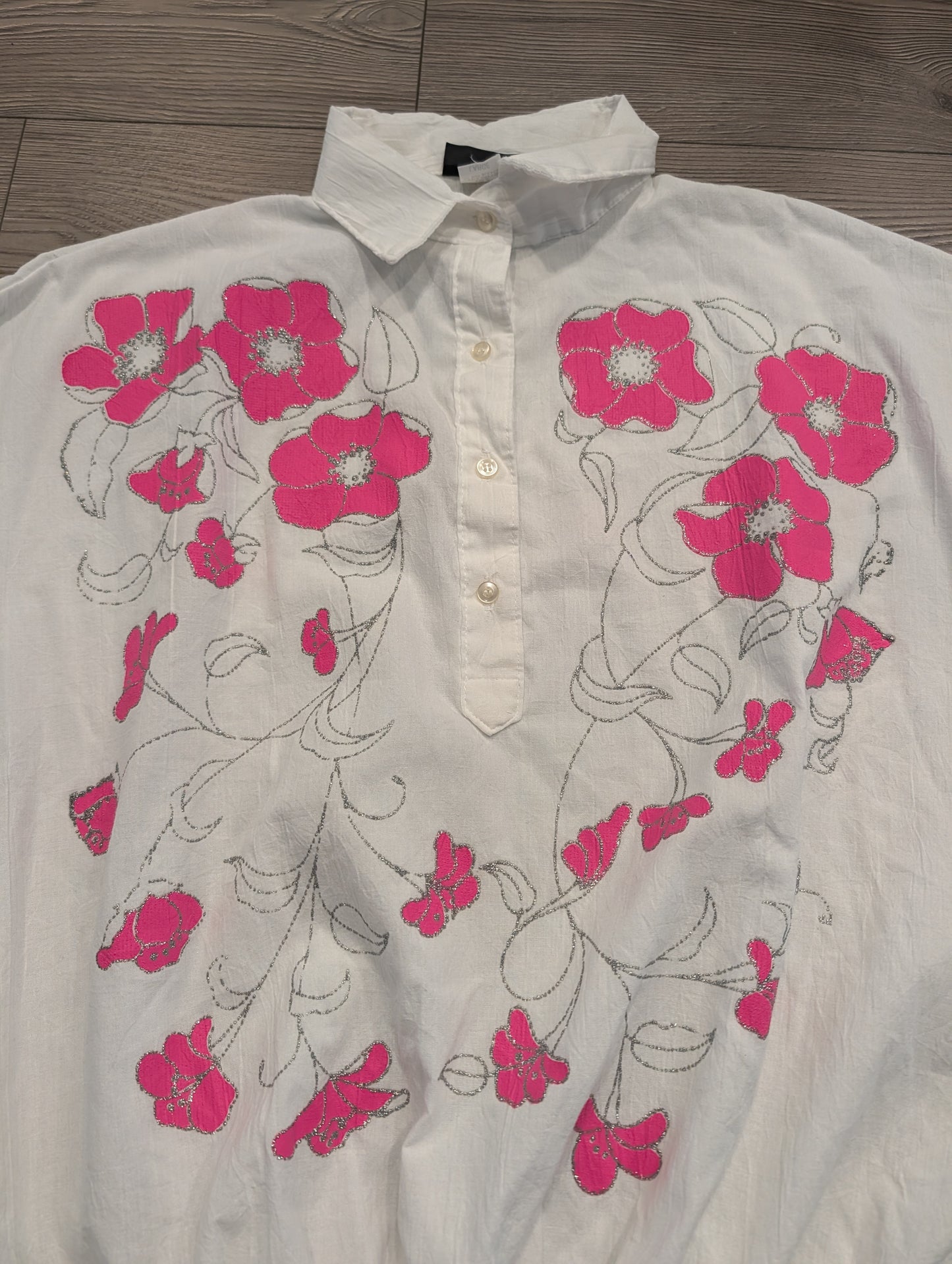 80s Women's Bright Pink Flower Sparkly Pullover Shirt