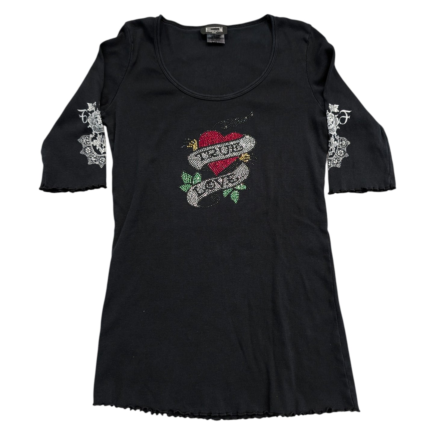 Y2K Women's True Love Rhinestone Heart 3/4 length sleeve Shirt