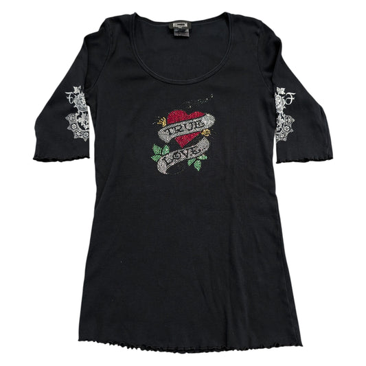 Y2K Women's True Love Rhinestone Heart 3/4 length sleeve Shirt