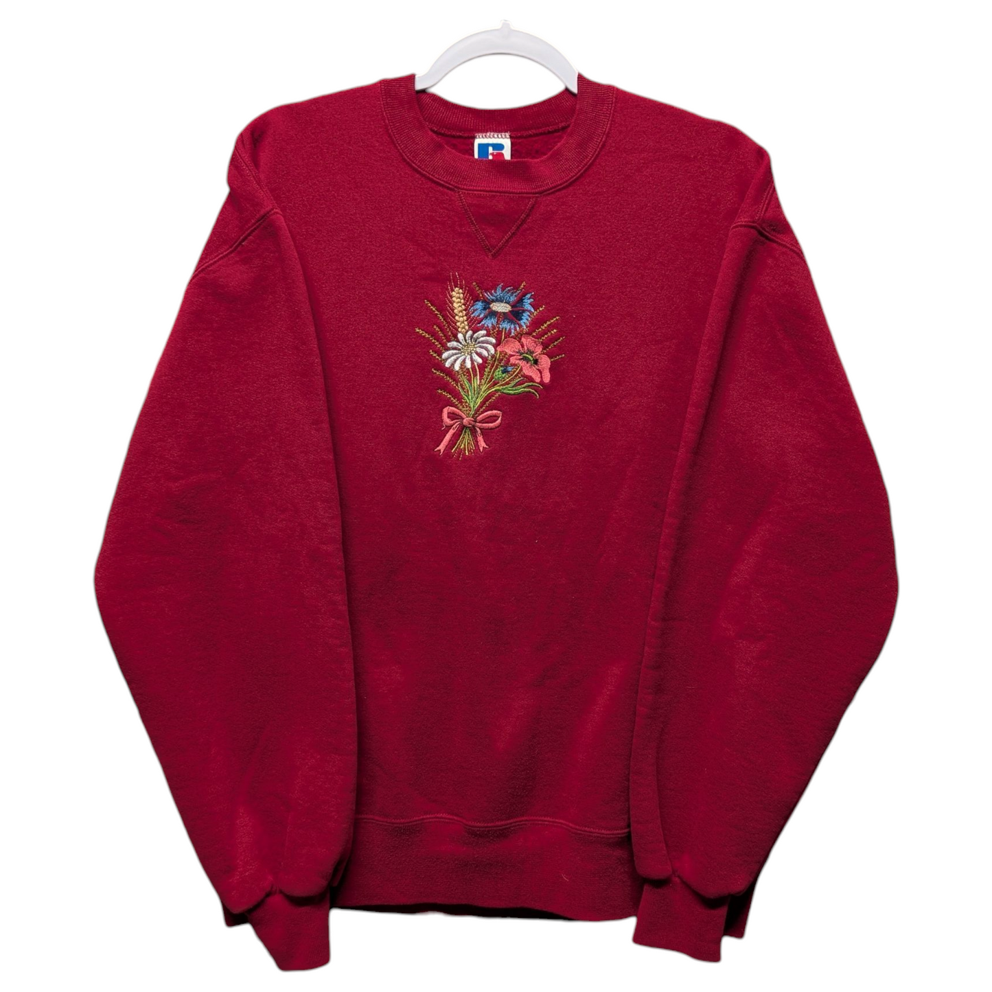 90s Red Flower Embroidered Fall Granny Crewneck Sweatshirt