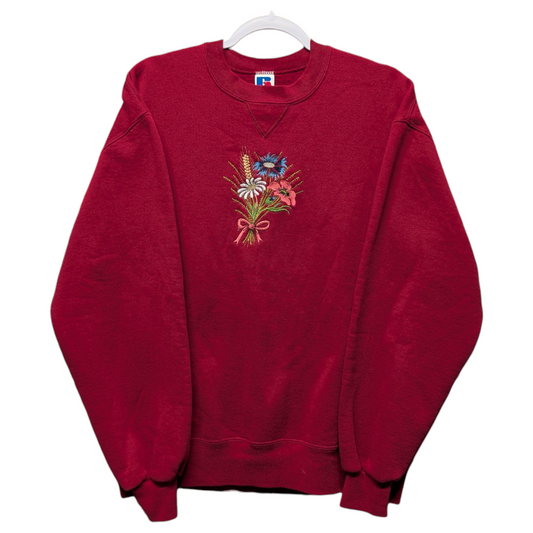 90s Red Flower Embroidered Fall Granny Crewneck Sweatshirt