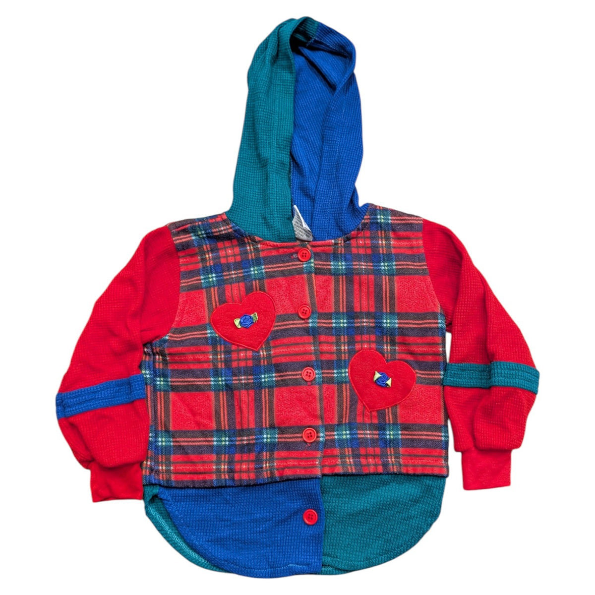 80s/90s Youth Plaid Flannel and Thermal Hooded Button-Up Shirt