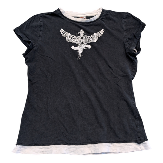 Y2K Women's Black and White Factory Tour Harley Davidson T shirt