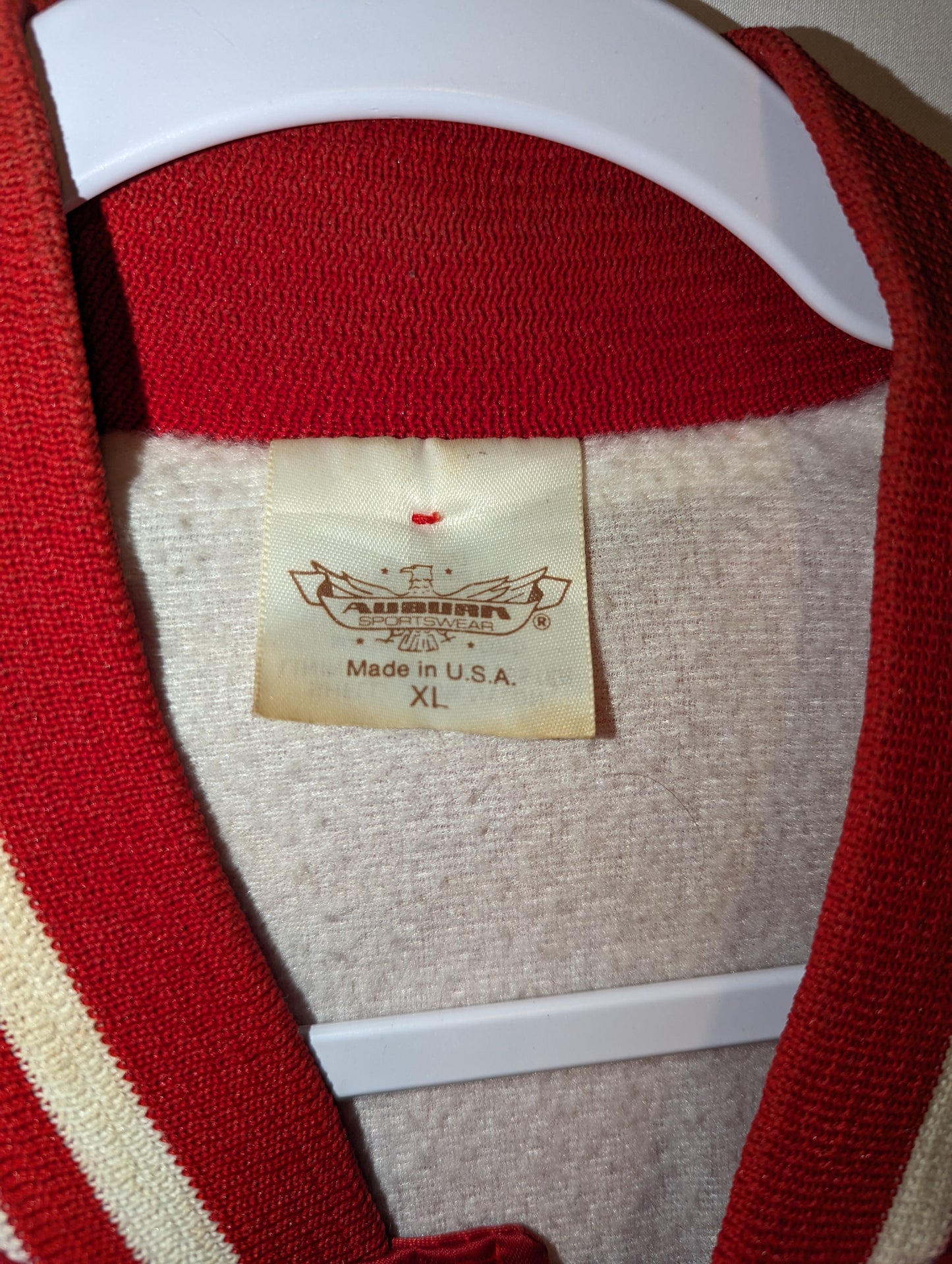 80s Auburn Red Satin Varsity Jacket