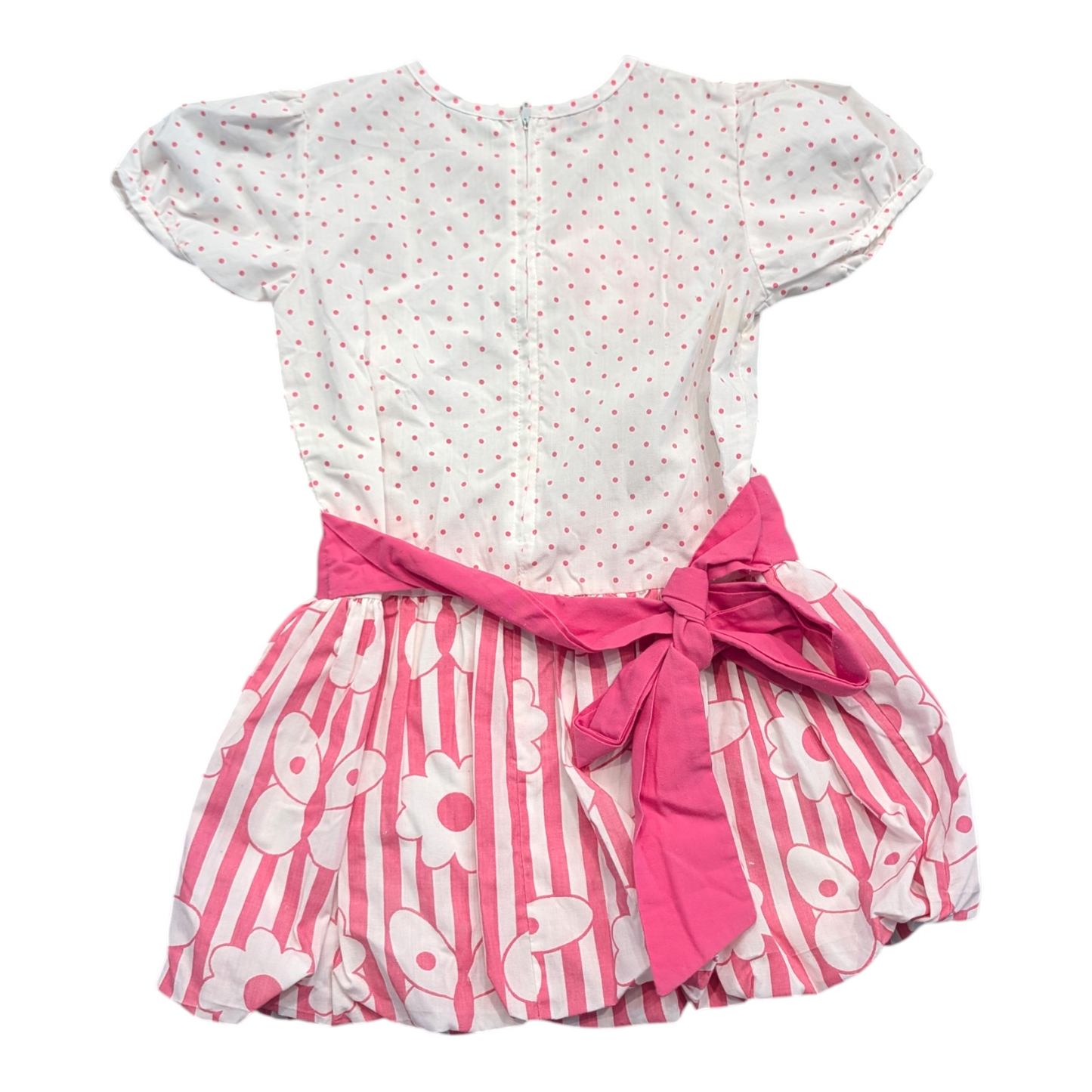 '80s Youth White and Pink Flower and Polka Dot Dress with Sash Tie Belt