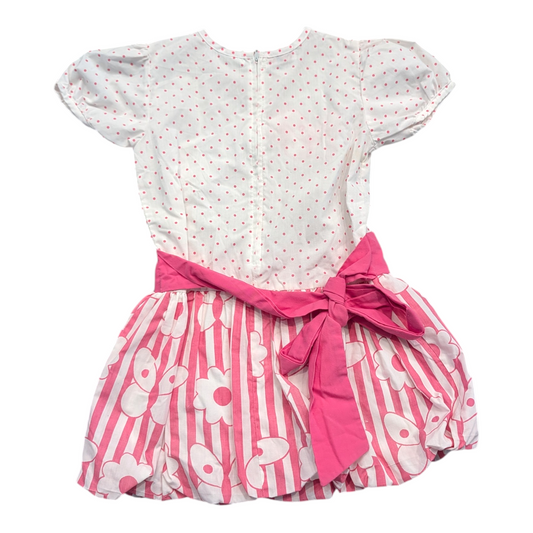 '80s Youth White and Pink Flower and Polka Dot Dress with Sash Tie Belt