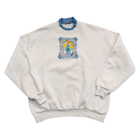 80s Women's Cottage Core Embroidered Spring Daffodil Flowers Sweatshirt