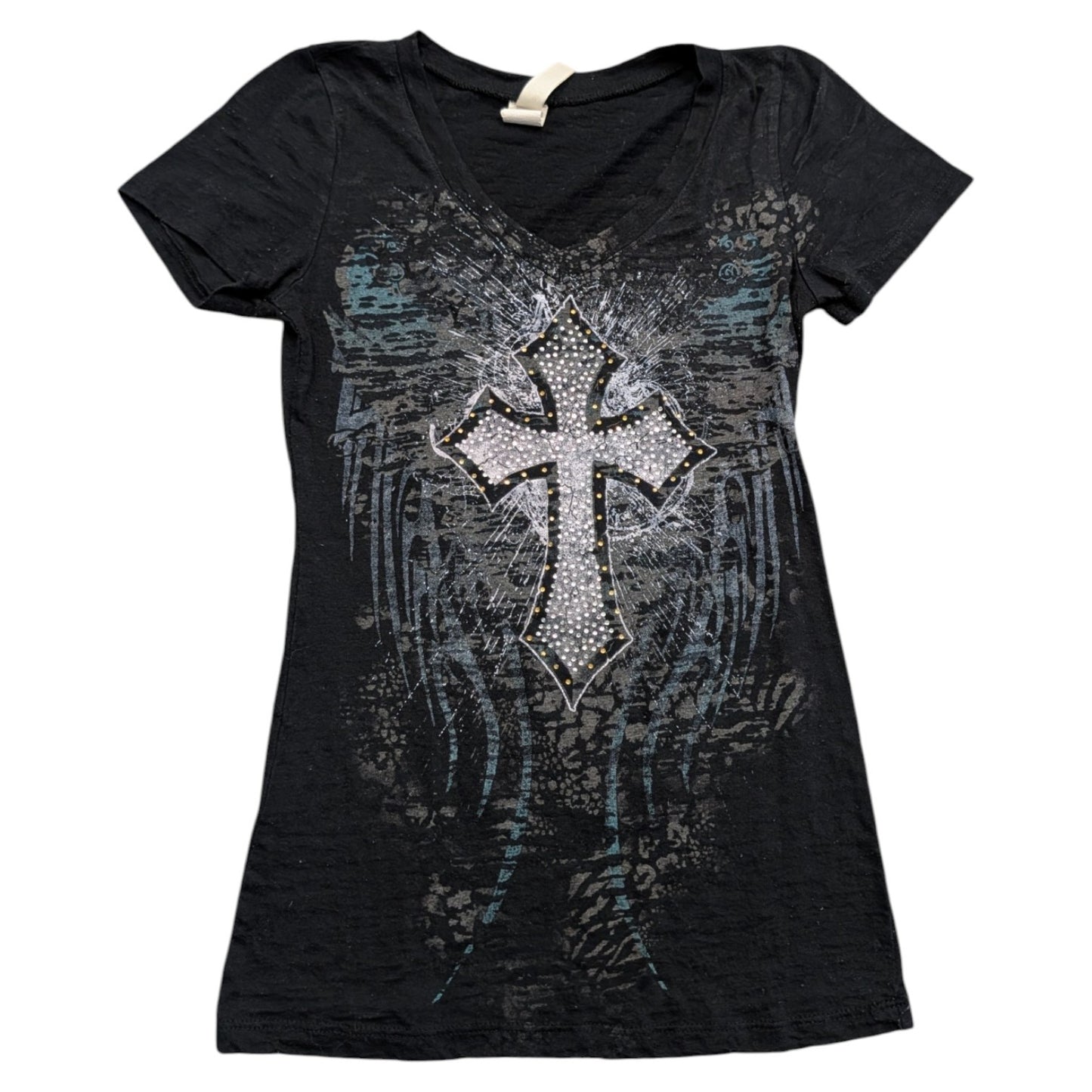 Y2K Women's Gothic Rhinestoned Cross Graphic V-neck Shirt