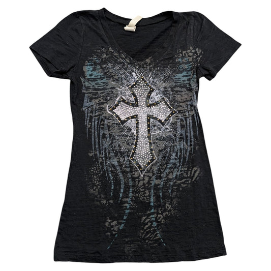 Y2K Women's Gothic Rhinestoned Cross Graphic V-neck Shirt