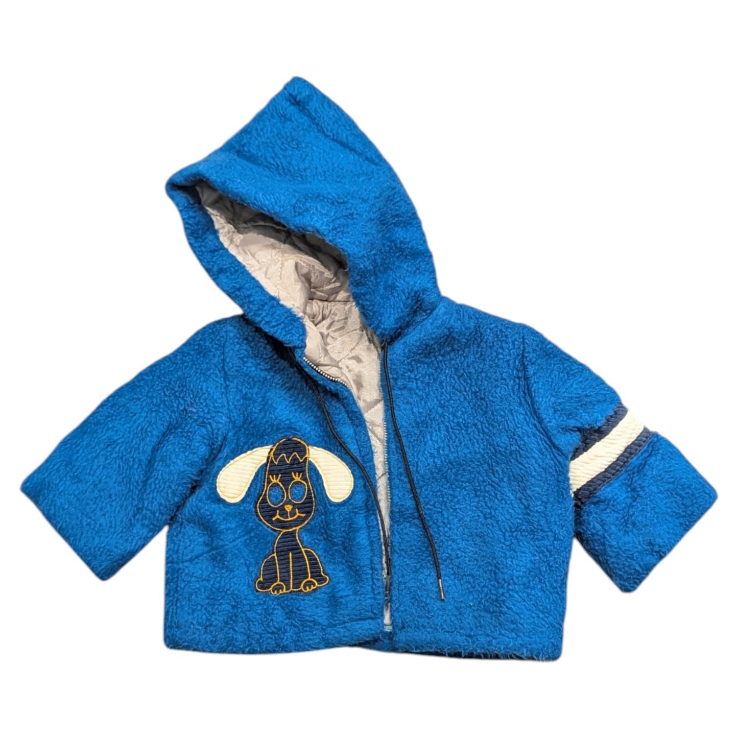 70s/80s Youth Blue Fuzzy Hooded Jacket with Embroidered Puppy