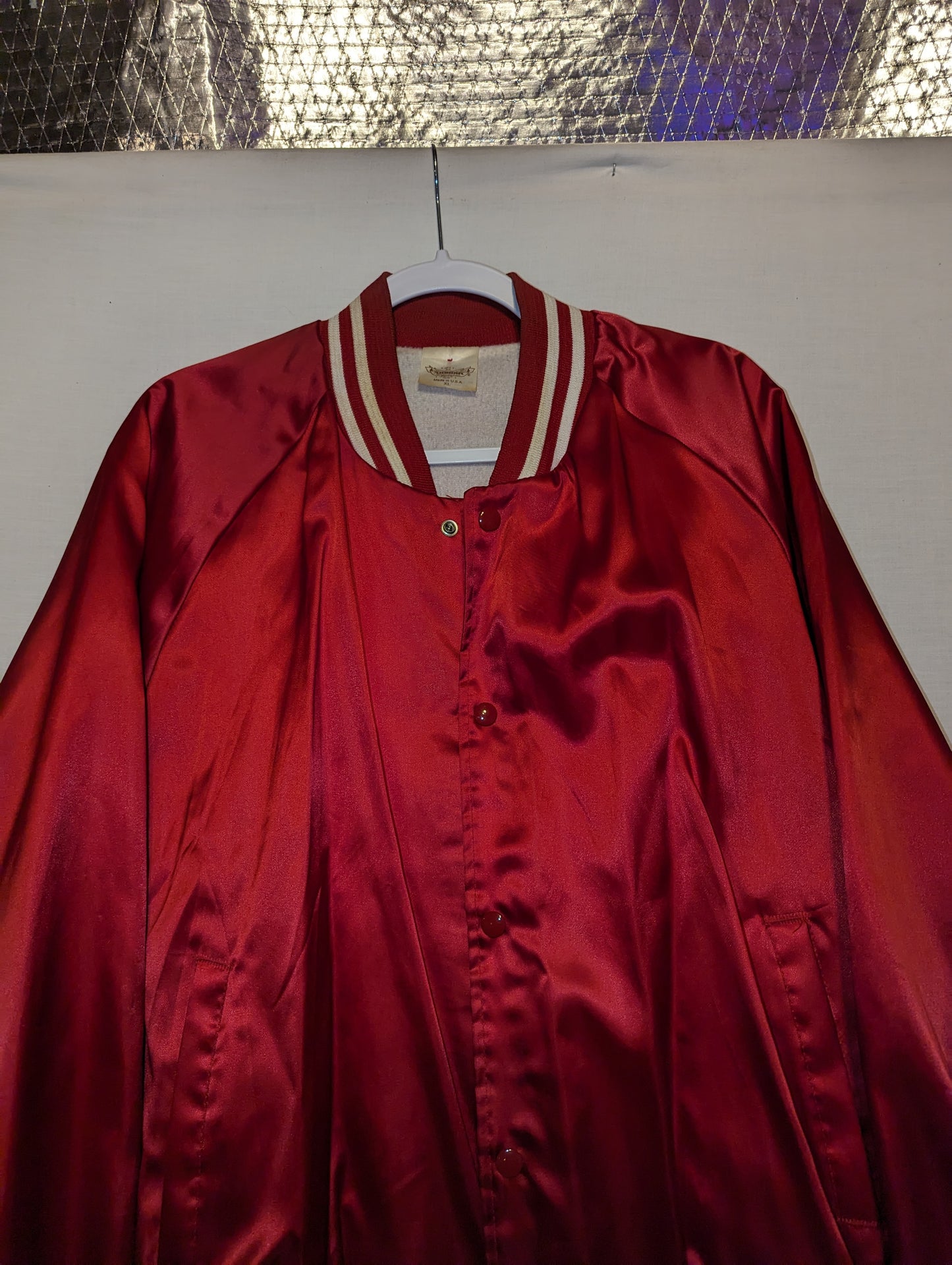 80s Auburn Red Satin Varsity Jacket