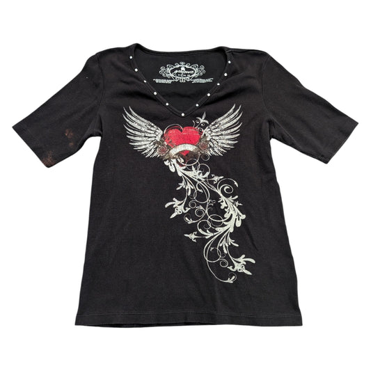 Y2K Women's Rhinestone V Neck Short Sleeve Shirt