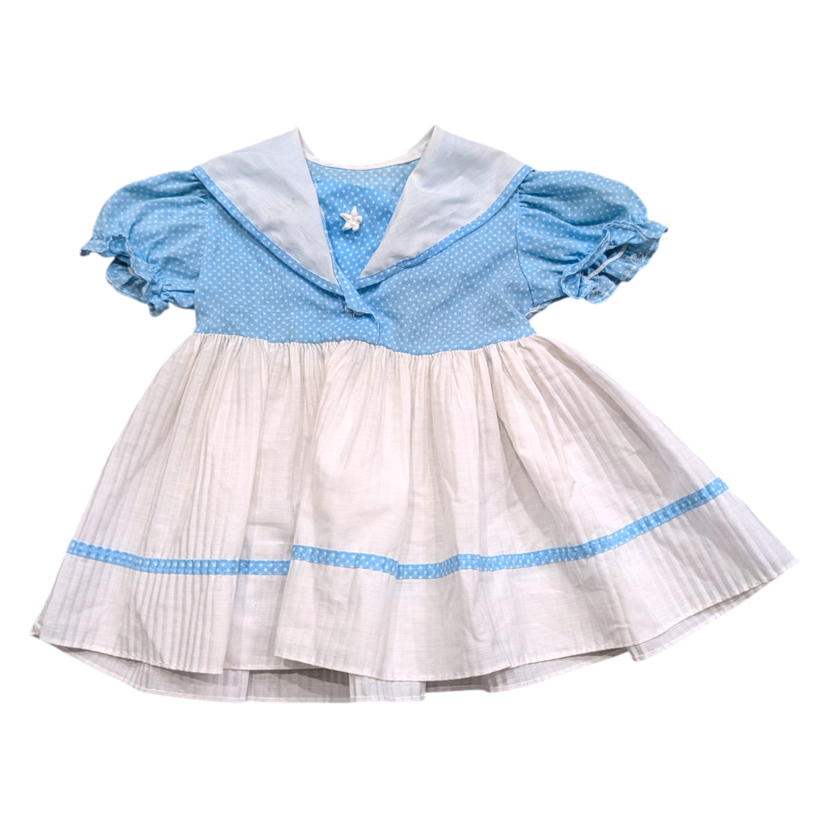 80s Youth Sailor Collar Blue and White Polka Dotted Pleated Dress