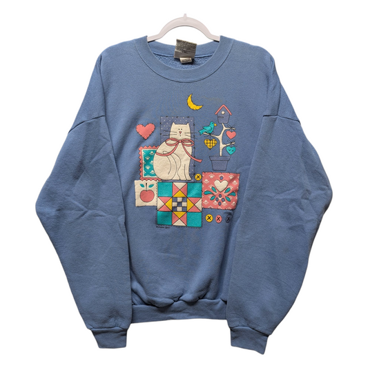 90s Cute Cat Patch Puff Print Granny Crewneck Sweatshirt